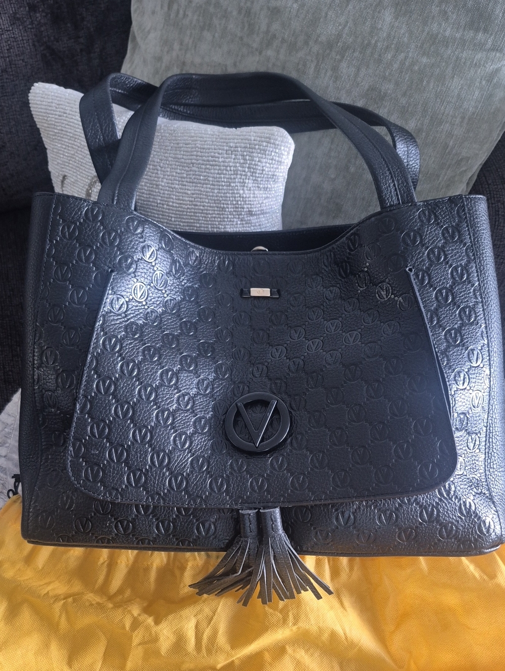 Valentino Logo Embossed Black Tote Bag with Tassel MADE IN ITALY